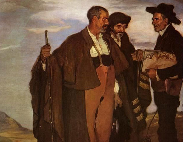 Pintura de hombres del campo con capas y bastones